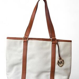 Michael Kors Jet Set Ivory Canvas Brown Leather Trim Tote Bag MK Charm